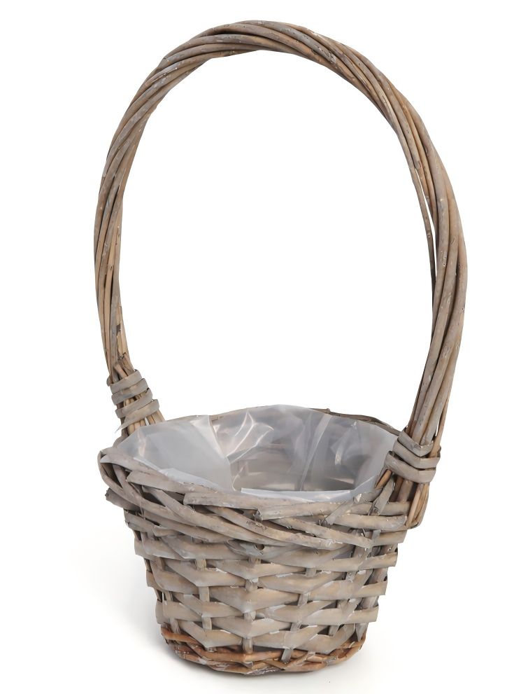 Wholesale Willow Wicker Basket w/ Handle, w/ Plastic Liner-Washed Gray