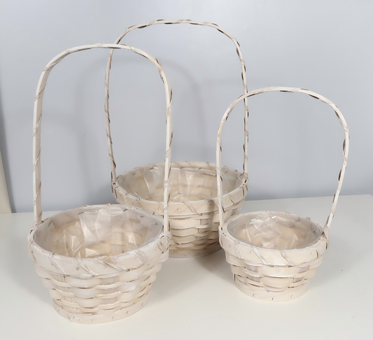 Wholesale Basket w/Handle, Set of 3 w/Plastic Liners – Washed White/Gray