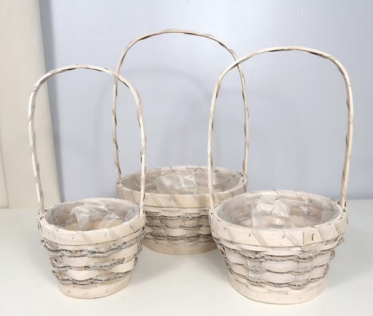 Wholesale Basket w/Handle, Set of 3 w/Plastic Liners – Washed White Finish
