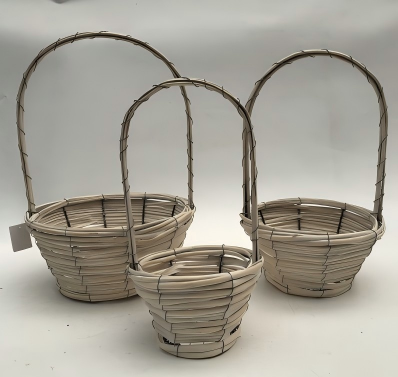 Wholesale Willow Basket w/ Handle,Set of 3 w/Plastic Liners- Washed White