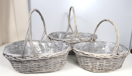Wholesale Wicker Basket w/Handle, Set of 3 w/Plastic Liners - Washed Gray
