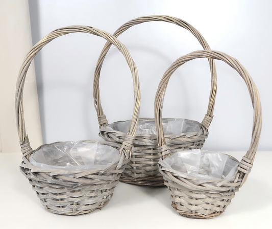 Wholesale Willow Wicker Basket w/ Handle, w/ Plastic Liner-Washed Gray